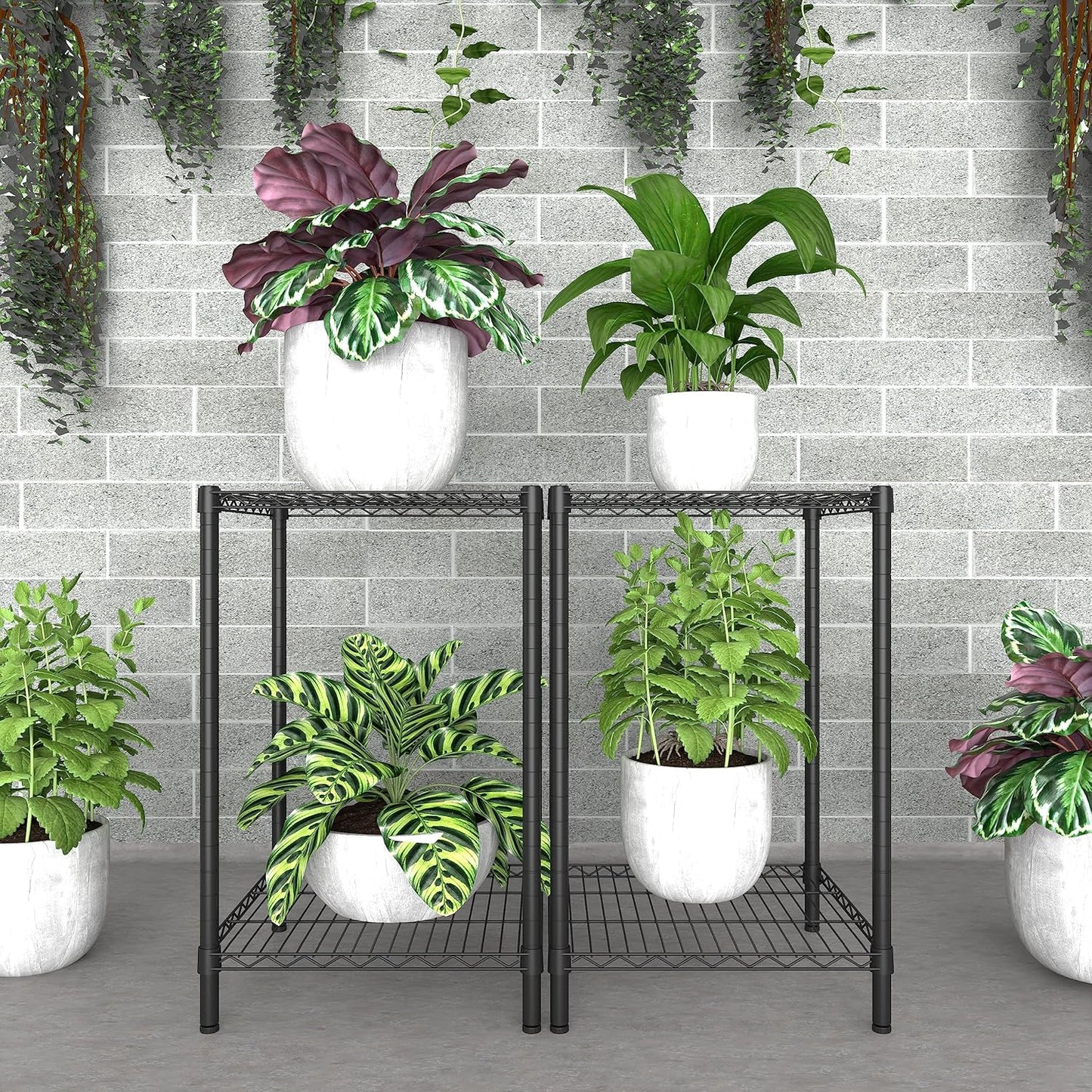 Xiofio 2 Tier Metal Plant Stand for Indoor and Outdoor Plant Shelf, Multi-Functional Adjustable Shelf Plant Stands Flower Stands With hanger rod for Living Room Balcony and Garden,Black